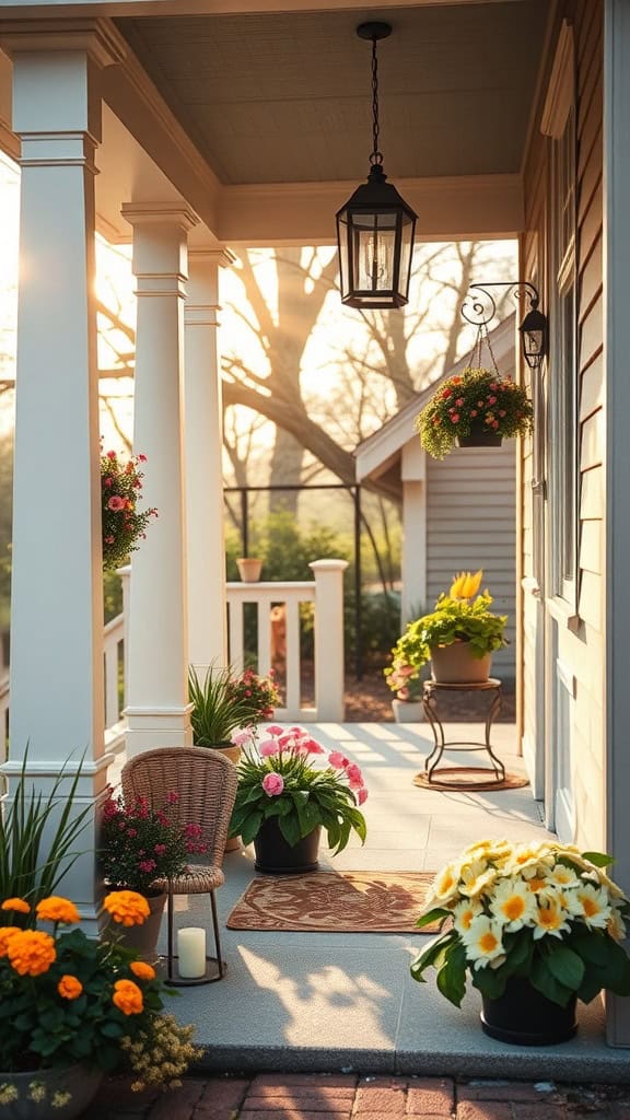 A beautiful spring front porch decorated with colorful flowers and a cozy chair