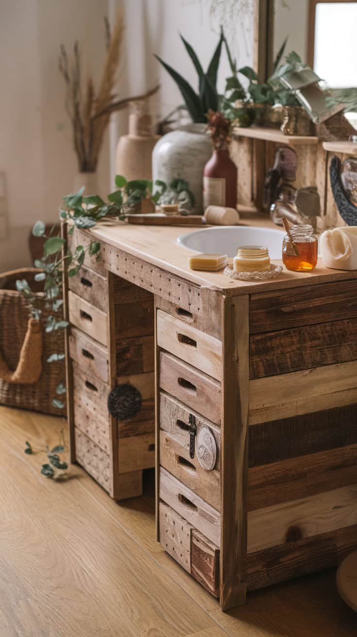 A rustic wooden vanity with multiple drawers, adorned with plants and natural beauty products.