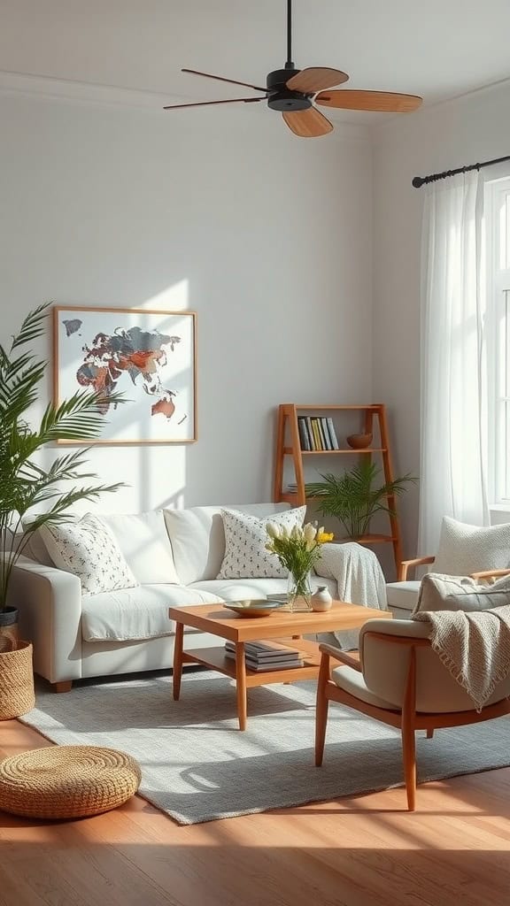A cozy living room featuring light fabric textiles, a sofa, wooden furniture, plants, and natural light.