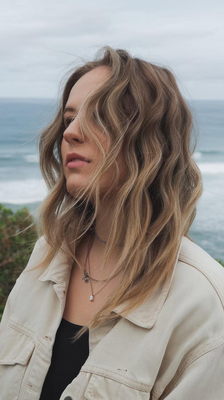 A woman with medium length textured waves standing by the ocean