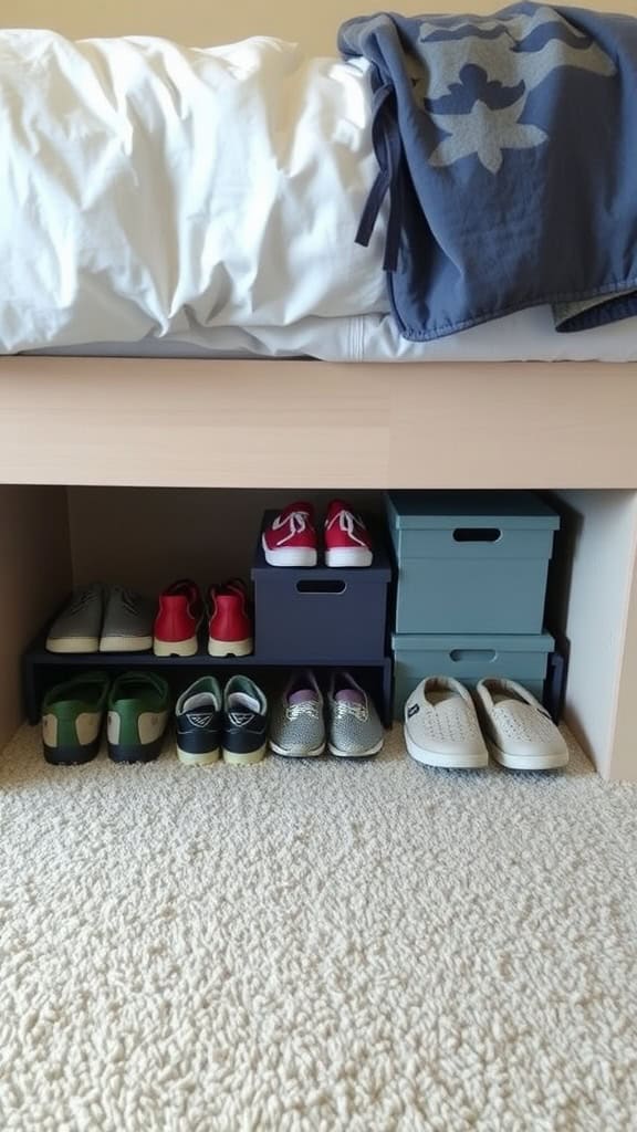 Shoes and storage boxes neatly arranged under a bed