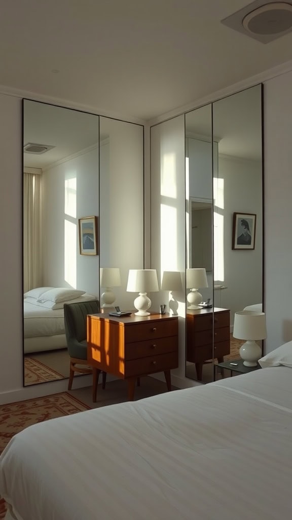 A bright bedroom featuring large mirrors that enhance the space's depth and light.