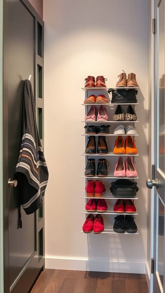 Wall mounted shoe rack holding multiple pairs of shoes in a small space