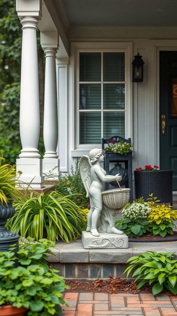 A cherub garden statue on a front porch surrounded by vibrant plants.