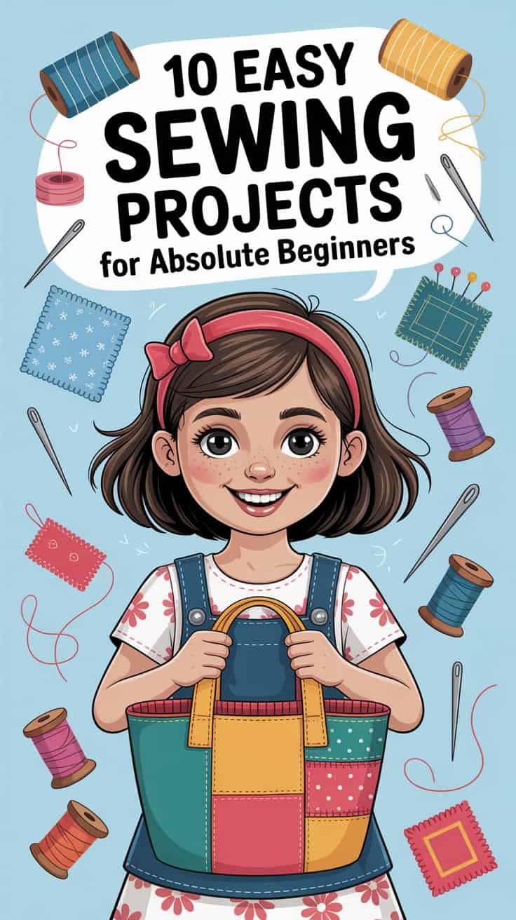 Illustration of a smiling young girl holding a colorful patchwork tote bag, surrounded by sewing supplies like spools of thread, needles, and fabric squares, with the text ‘10 Easy Sewing Projects for Absolute Beginners’ above her.
