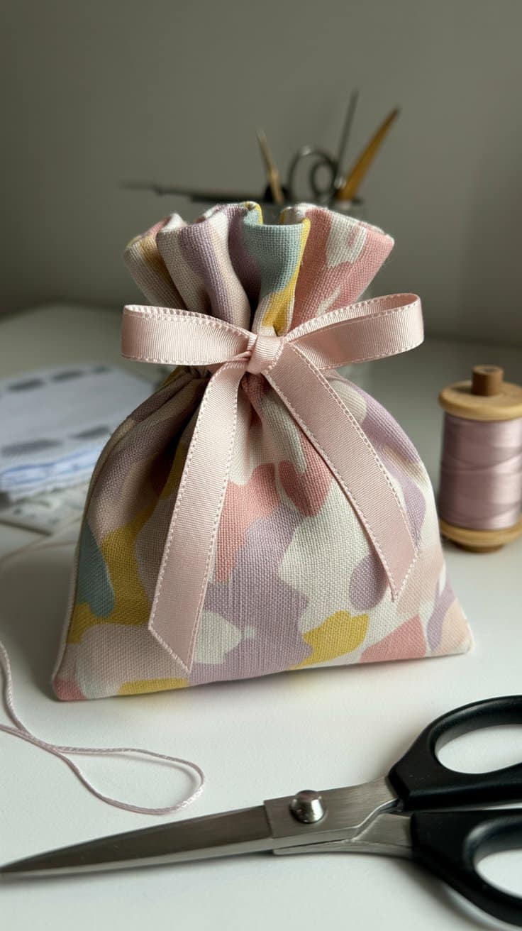Beginner sewing project – simple cotton drawstring pouch with ribbon tie, perfect for jewelry or gift storage