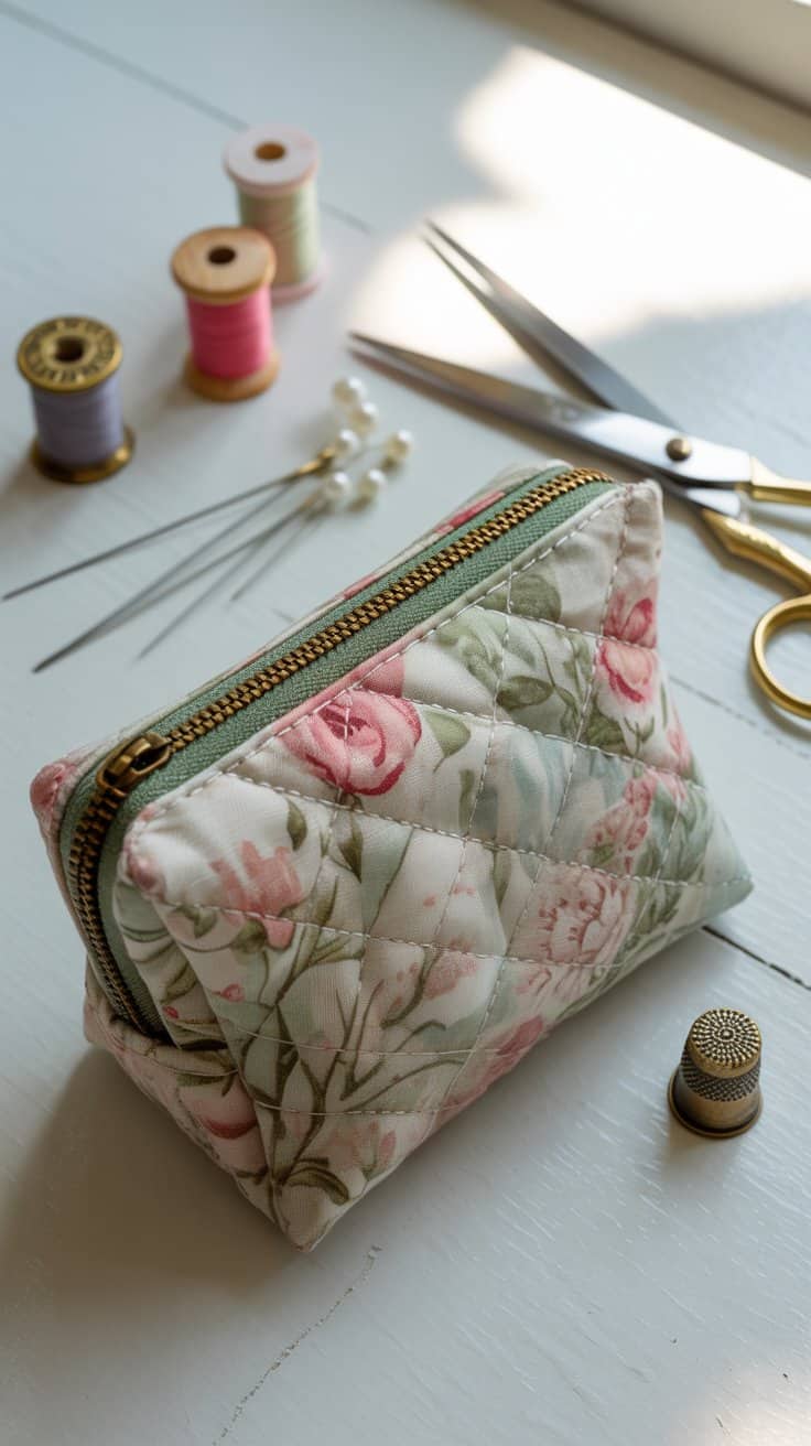 Easy sewing project for beginners – small quilted fabric pouch with zipper closure, ideal for makeup or coins
