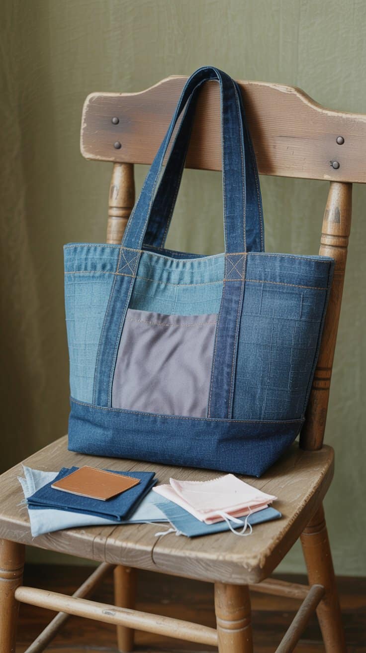 Beginner sewing project – handmade denim tote bag with strong straps, ideal for shopping or everyday use