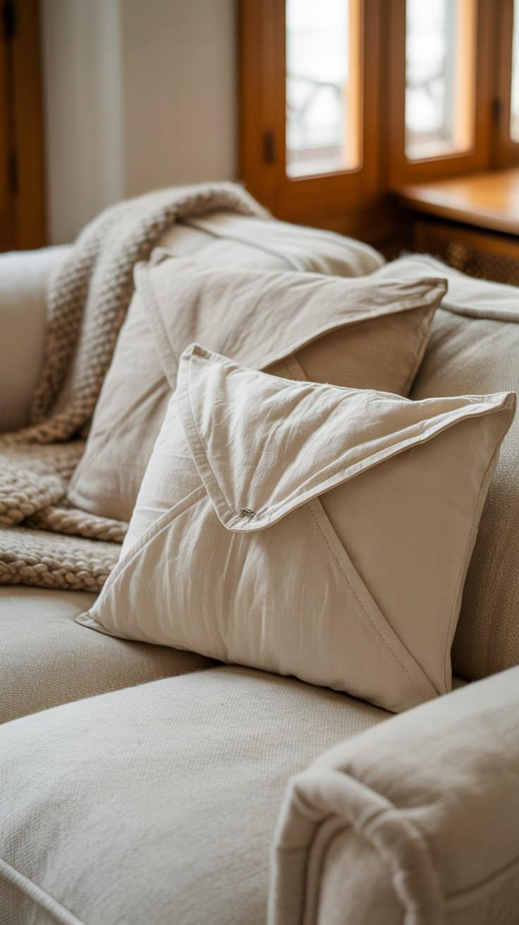 DIY beginner sewing project – handmade pillow covers with envelope closure in neutral fabrics for home décor