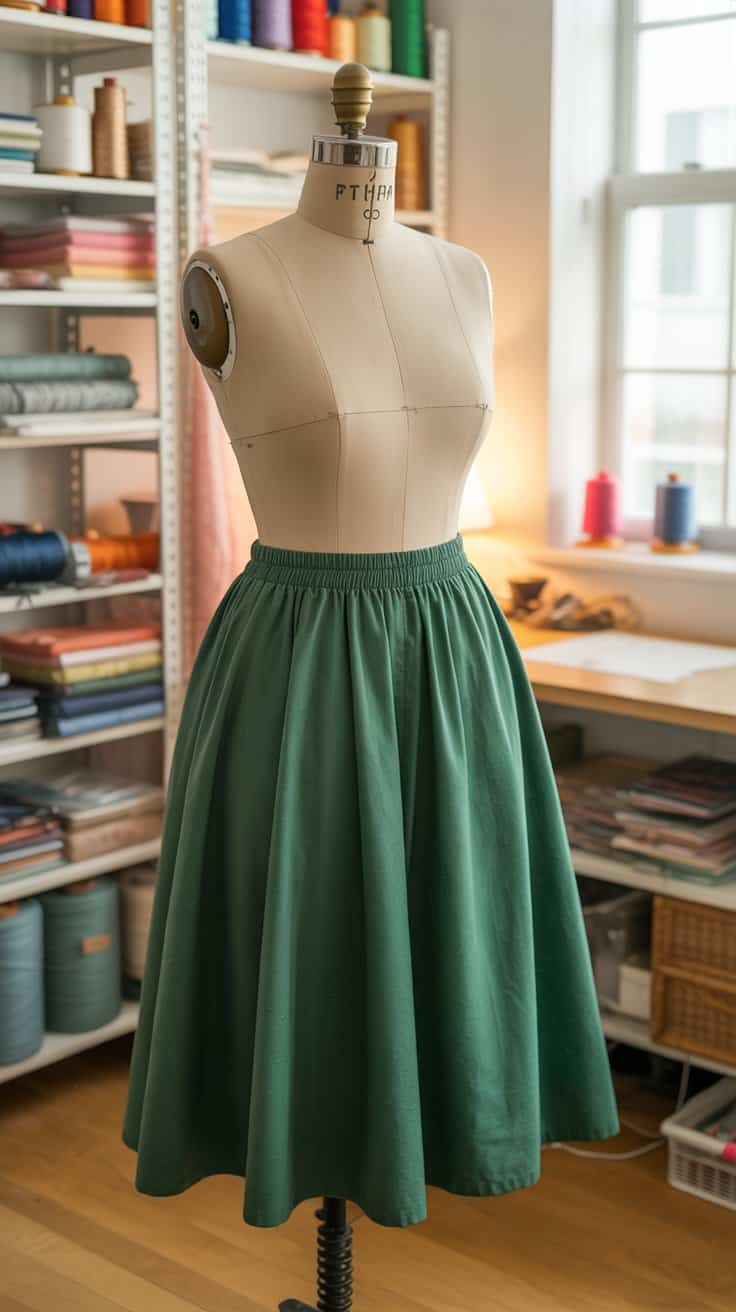 Beginner sewing project – handmade circle skirt with elastic waistband, perfect for twirling and everyday wear