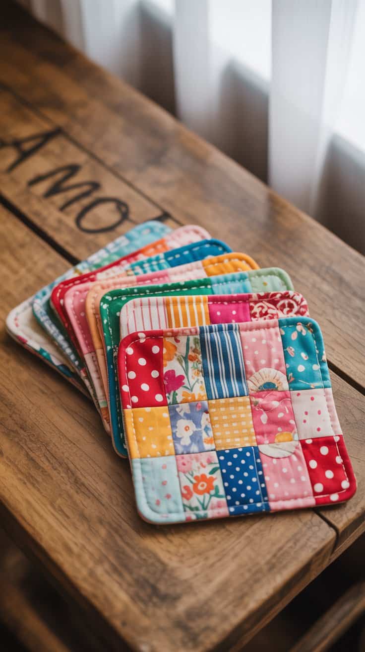 Beginner sewing project – patchwork fabric coasters made from cotton scraps, easy quilting for home use