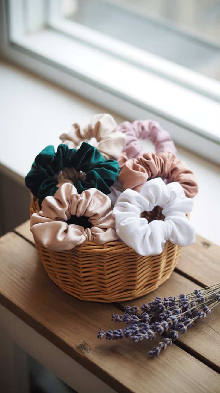 Beginner sewing project – handmade fabric scrunchies with elastic casing, quick DIY hair accessories