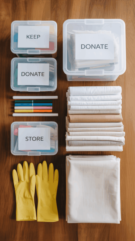 Decluttering tools and supplies flat lay on wooden table with storage bins and cleaning gloves