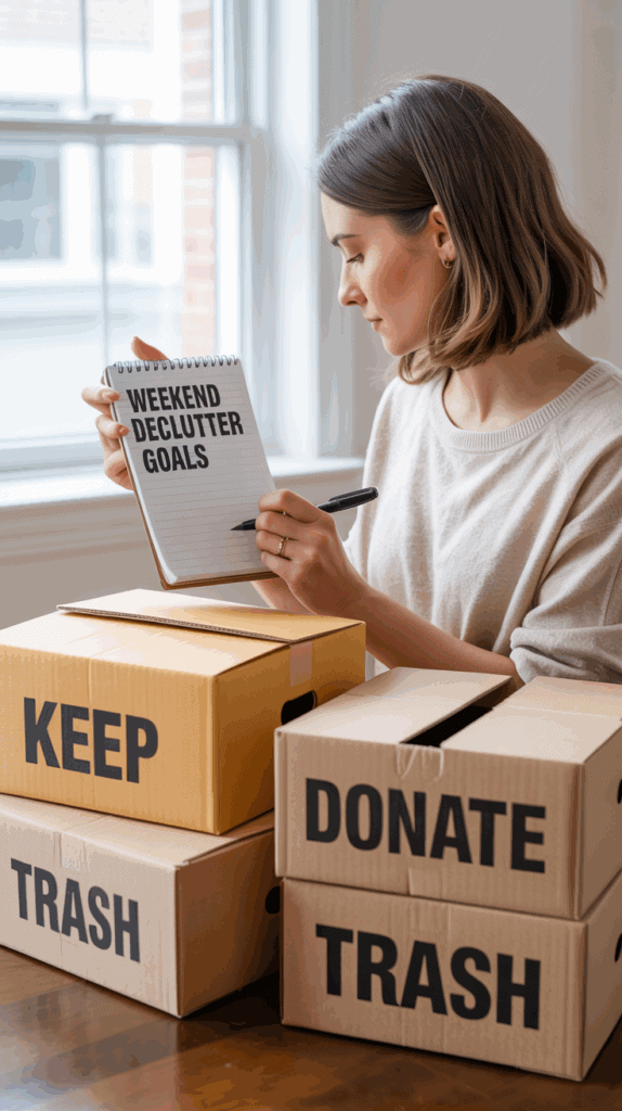 Woman writing declutter goals with labeled boxes for keep, donate, and trash