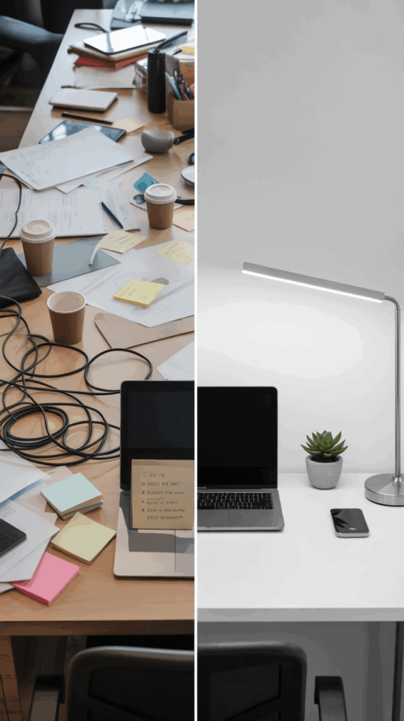 Before and after desk declutter showing transformation from cluttered to organized