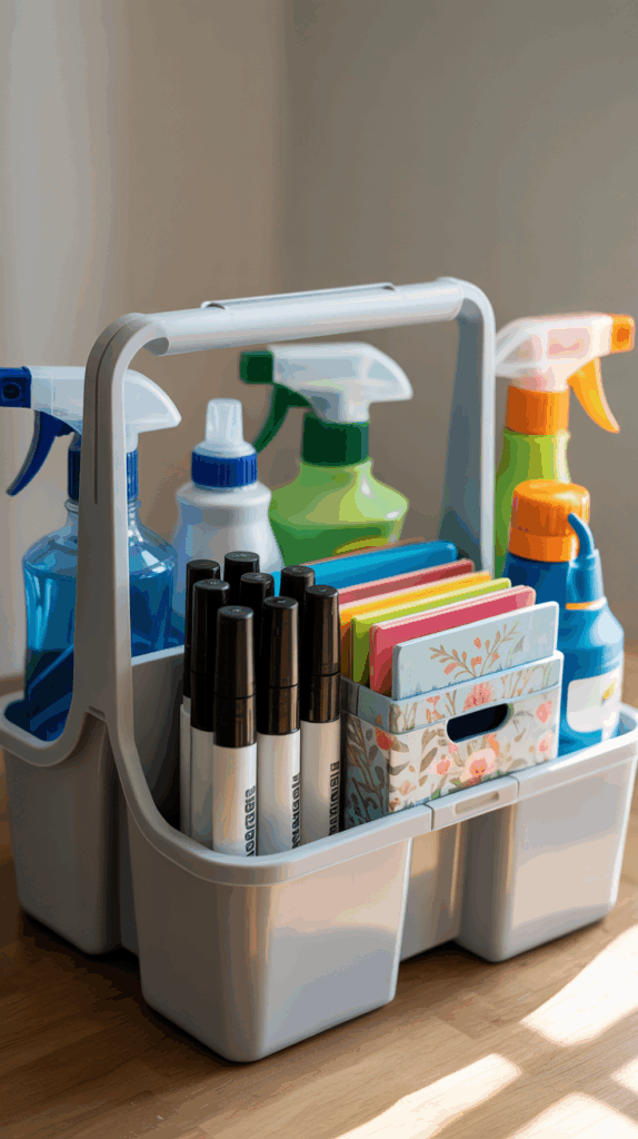 Decluttering caddy with supplies and decorative boxes ready for organizing