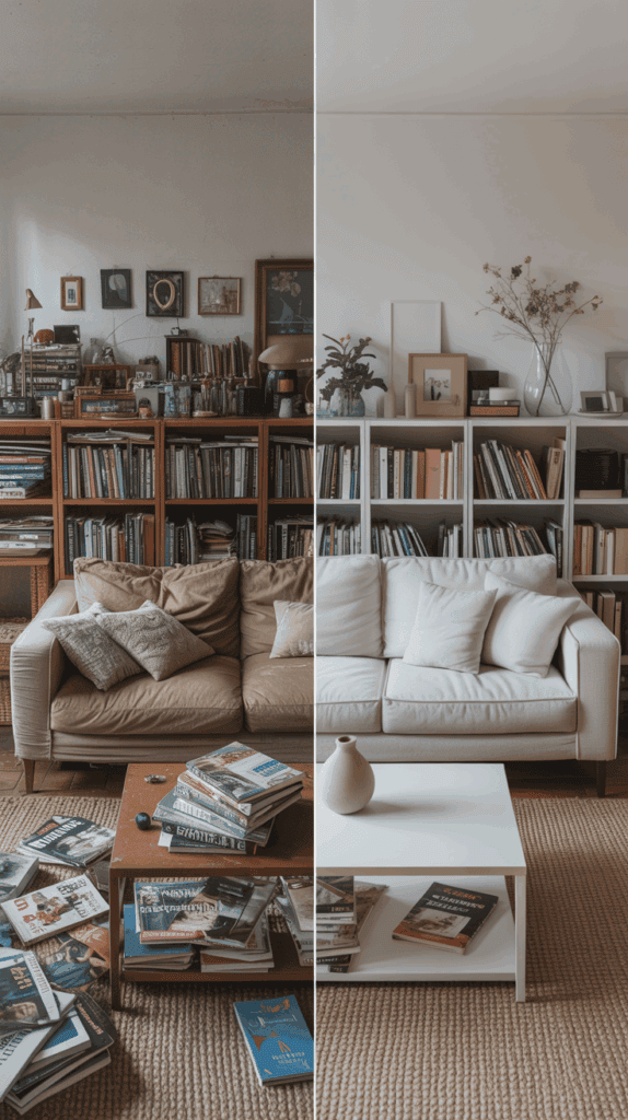 Living room before and after declutter showing clean and organized space