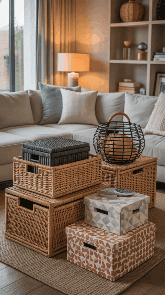 Decorative baskets and boxes used for stylish home organization
