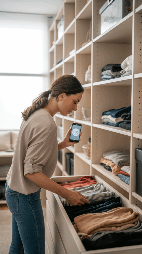 Woman organizing closet shelves using timer for efficient decluttering