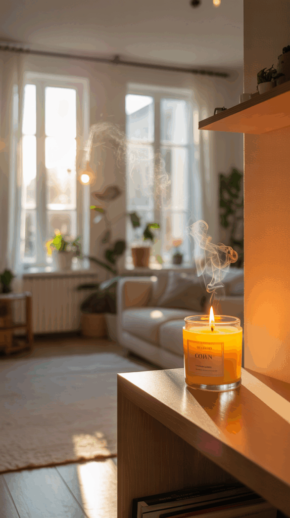 Relaxing home atmosphere with candle and open windows during declutter
