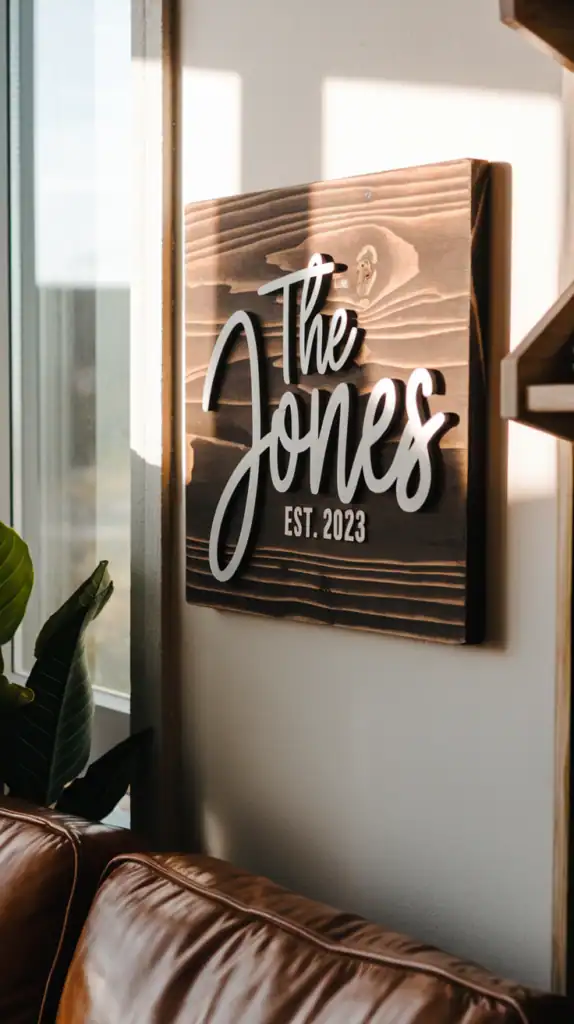 A photo of a wooden sign mounted on a wall, with the name "The Jones" written in a cursive, white font, and a date "EST. 2023" below it. The sign is placed next to a window, allowing sunlight to cast a warm glow on it. To the left of the sign, there's a potted plant with large green leaves. In the foreground, a brown leather couch can be seen, and a wooden shelf with a few items is visible to the right.