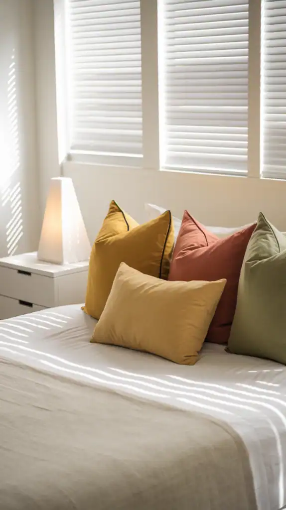 A serene bedroom setting with a neatly made bed adorned with three decorative pillows in varying shades of yellow, orange, and green. To the left of the bed, there's a white nightstand with a modern, triangular-shaped lamp. The room is illuminated by natural light streaming in through horizontal blinds on a window. The overall ambiance is calm and inviting.