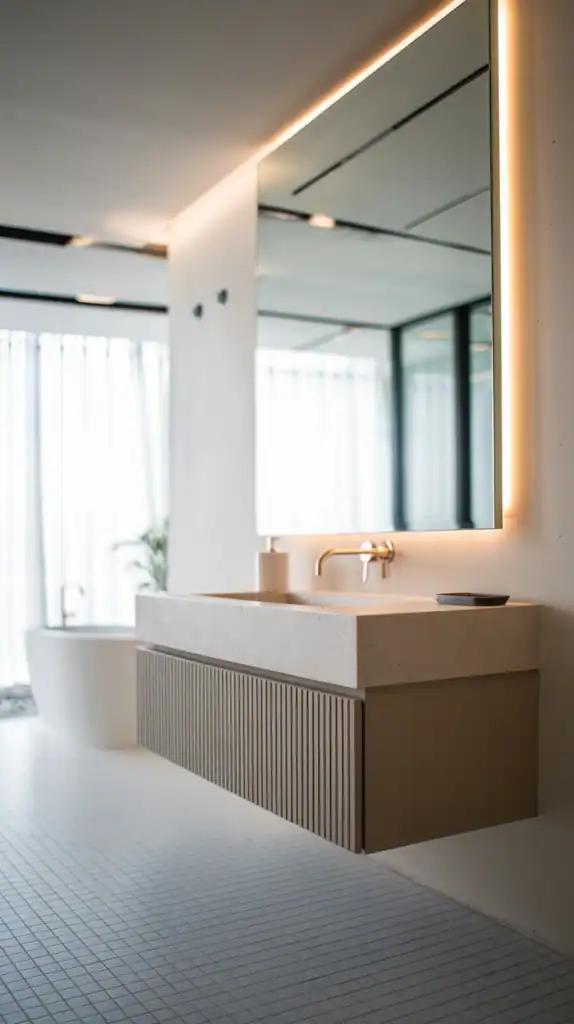 A photo of a sleek, minimalist bathroom with a floating vanity, a frameless mirror, and a neutral color palette. There is subtle lighting over the mirror. The floor is covered with white tiles. The wall has a few small holes. The background is blurred, showing a window with curtains.
