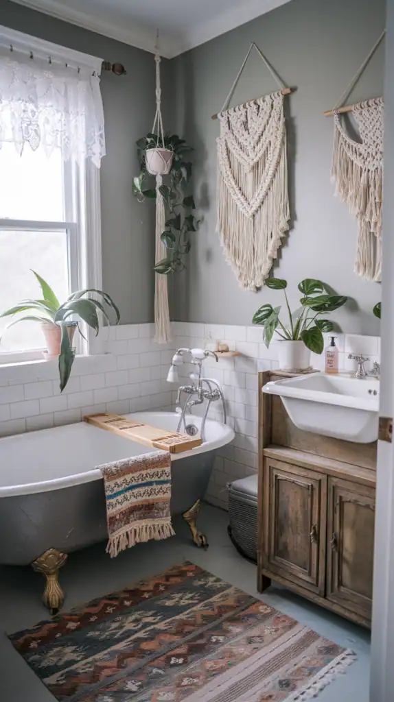 A photo of a boho-chic bathroom adorned with macramé wall hangings, patterned rugs, and indoor plants. The bathroom has a vintage clawfoot tub, a wooden vanity with a ceramic sink, and a window with a lace curtain. The walls are painted a soft gray. There is a potted plant on the window sill, and a macramé wall hanging above the tub. The floor is covered with a patterned rug.