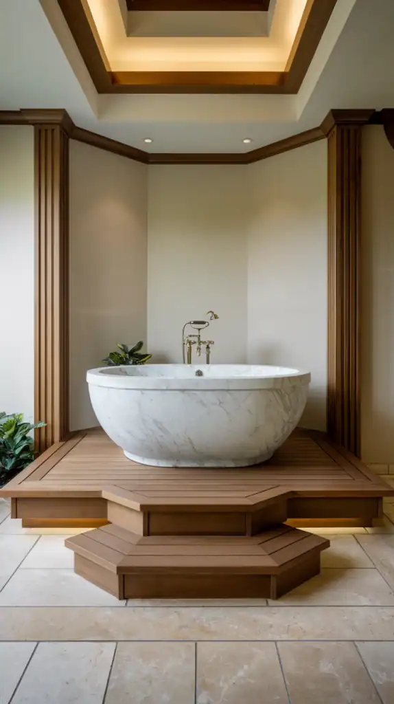 A photo of a luxurious bathroom with a freestanding soaking tub. The tub is made of white marble and is placed on a wooden platform. The bathroom has wood accents on the walls and floor. There is a toilet and a sink with a mirror. The lighting is soft and ambient. The floor is covered with a white mat.