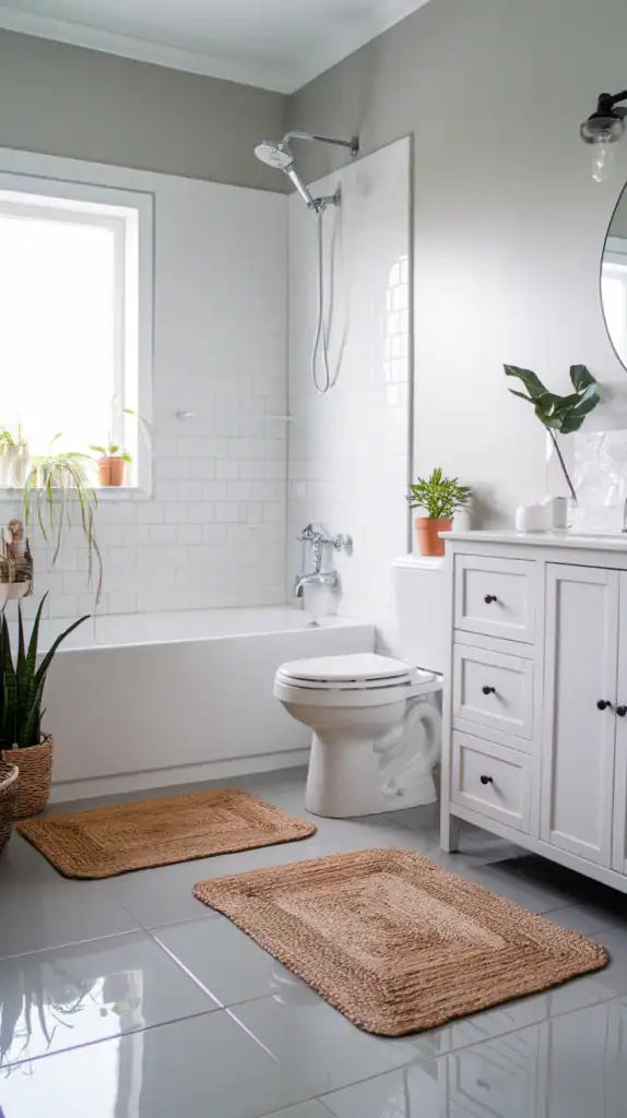 A bathroom with Organic textures soften hard surfaces. A woven jute rug underfoot balances glossy floor tiles.