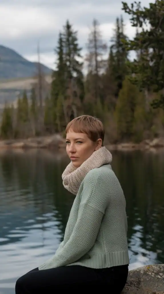 Woman with a pixie haircut sitting by a calm lake, surrounded by trees.