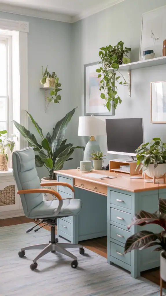 A bright and cozy home office with light colors, plants, and a comfortable chair.