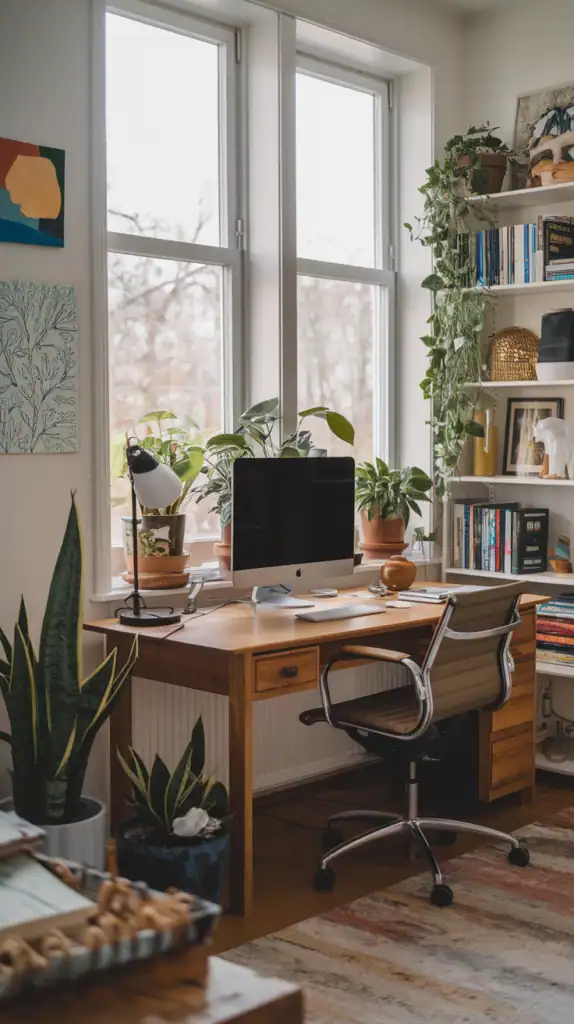 Cozy home office with large windows, plants, and a computer setup.