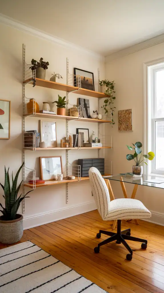 Cozy home office with vertical shelving and a modern desk