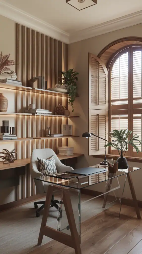 Cozy home office with vertical shelving and a modern desk
