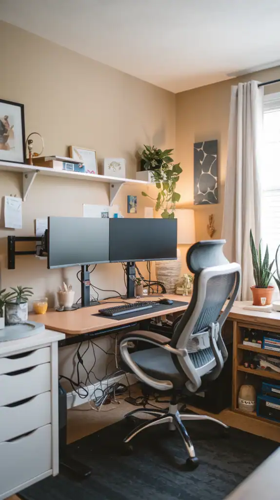 A small, organized home office with dual monitors, a comfortable chair, and visible cables.