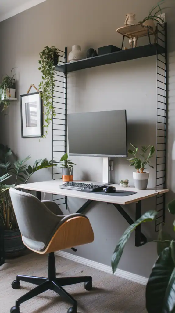 A modern wall-mounted desk setup in a cozy home office, featuring a computer, storage shelf, and stylish chair.