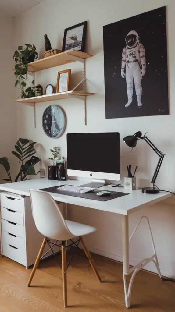 A minimalist home office setup featuring a wooden desk, a computer, a lamp, and a plant.