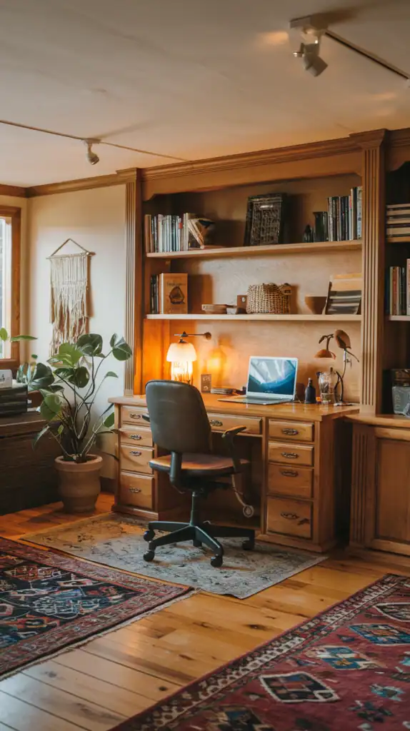 A cozy home office with wooden flooring, area rugs, and a wooden desk setup.