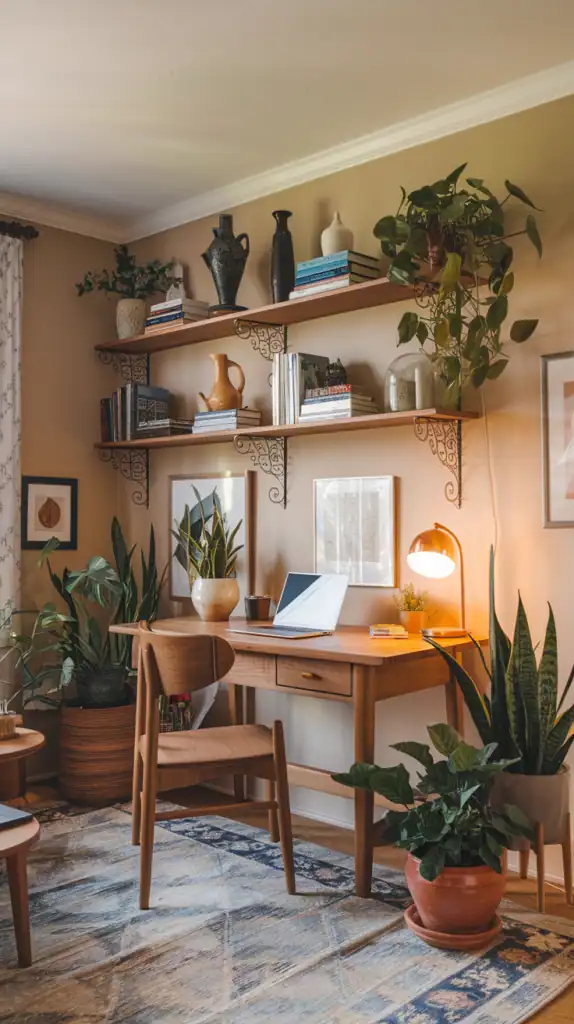 Cozy home office with wooden desk, plants, and decorative shelves.