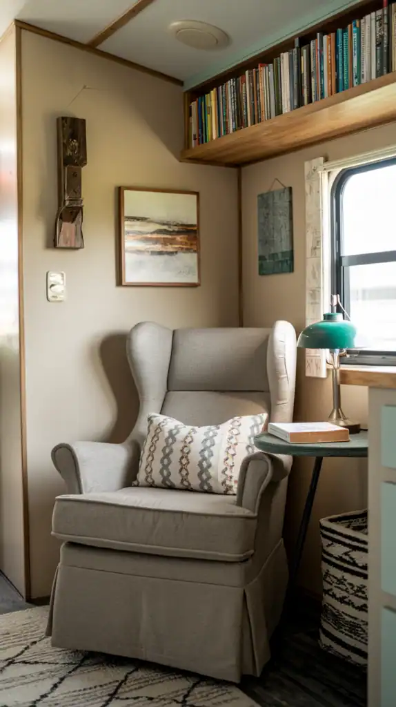Cozy reading corner in a small camper farmhouse interior with a bookshelf and a comfortable chair.