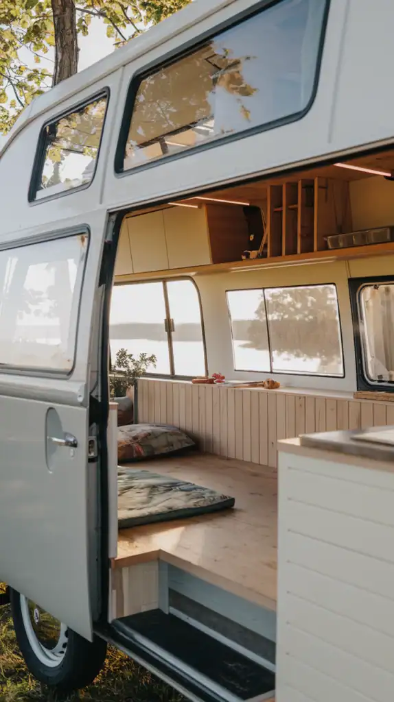 Interior of a small camper farmhouse with large windows allowing natural light to fill the space.