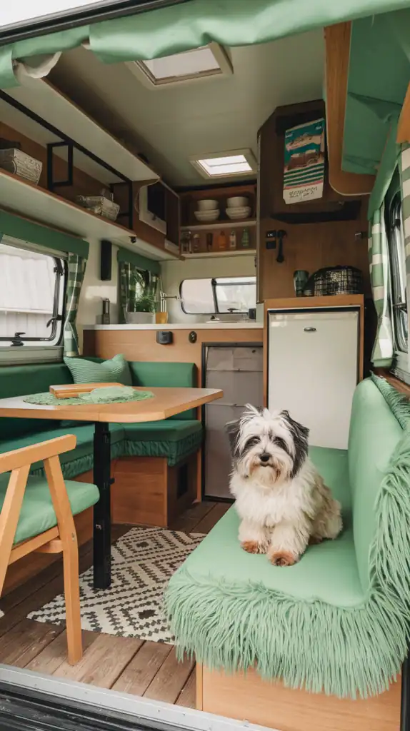 A cozy small camper interior with green cushions, wooden furniture, and a friendly dog.
