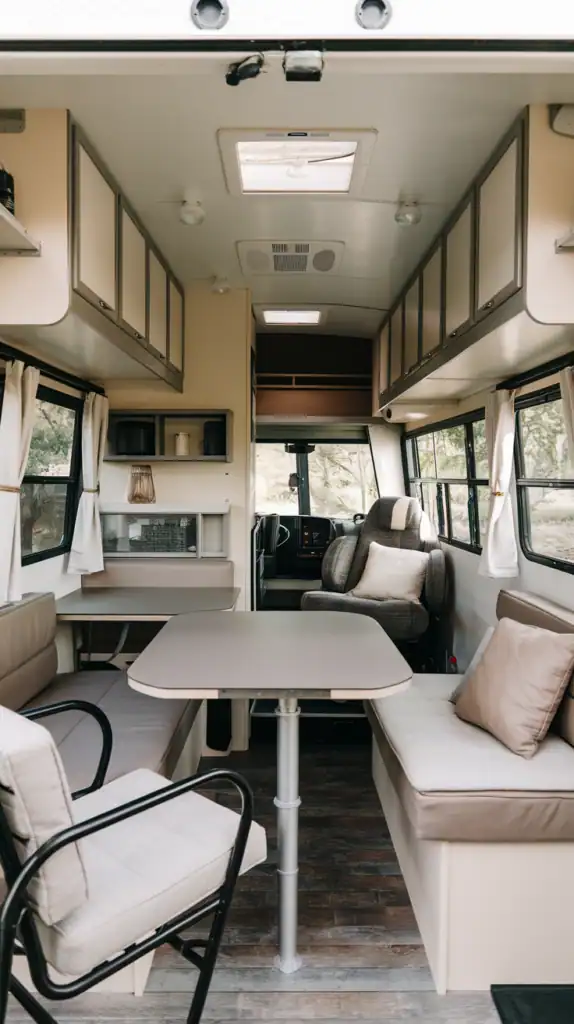 Interior of a small camper with an open floor plan, featuring cozy seating areas, a central table, and large windows.