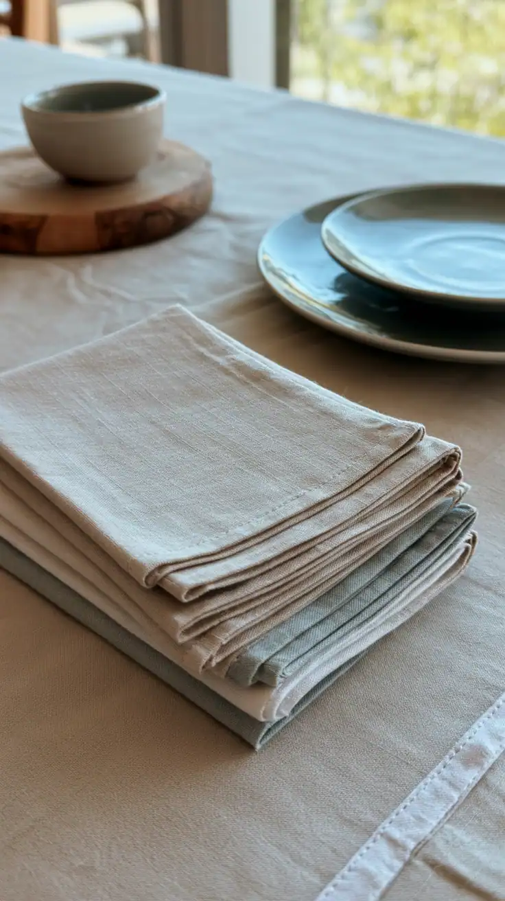Reusable cotton fabric napkins with neatly sewn hems, perfect for beginner sewing projects.