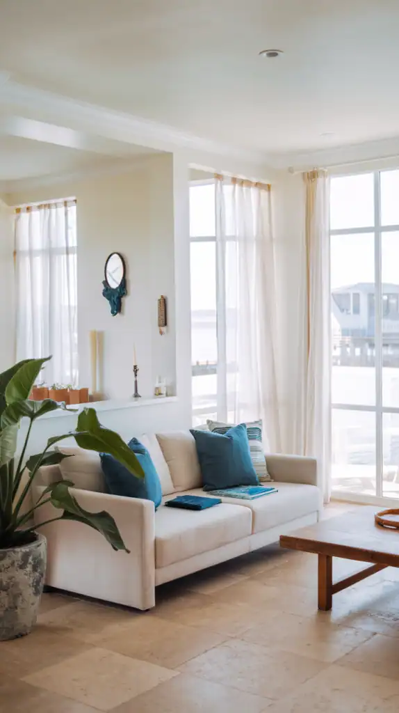 A bright and airy living room with a light-colored sofa, blue pillows, and sheer curtains.