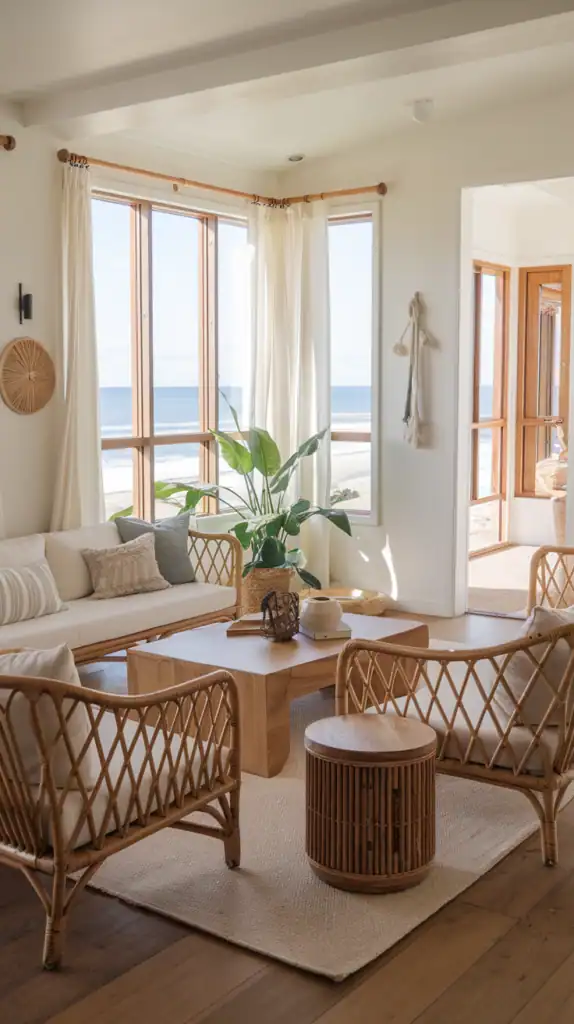 A bright beachy living room with rattan furniture, a wooden coffee table, and ocean views