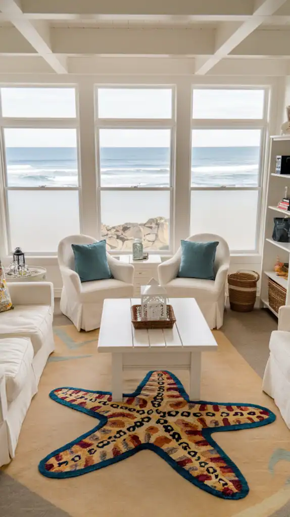 A bright beach-themed living room with a colorful starfish rug and ocean view.