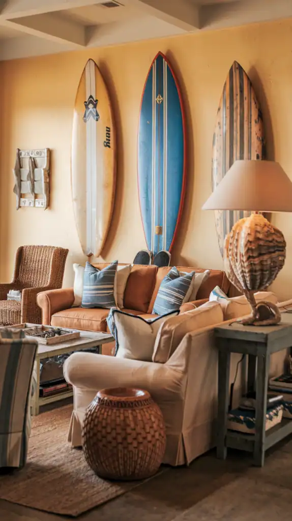A cozy beach-themed living room with vintage surfboards, coastal decor, and warm colors