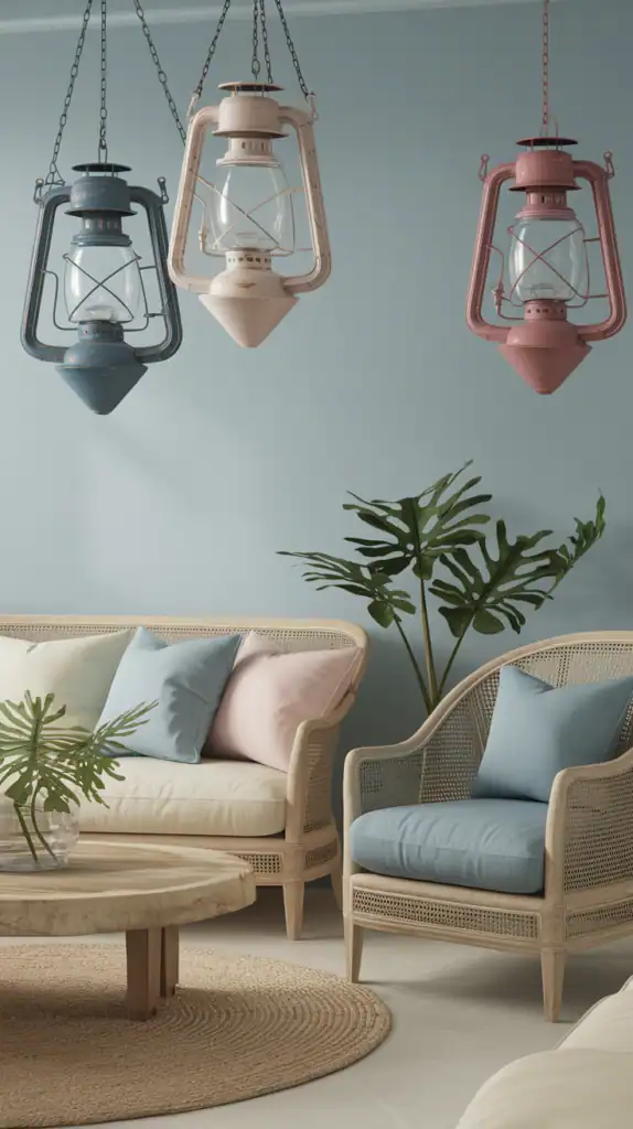 A cozy beachy living room featuring vintage lanterns, soft colors, and natural materials.